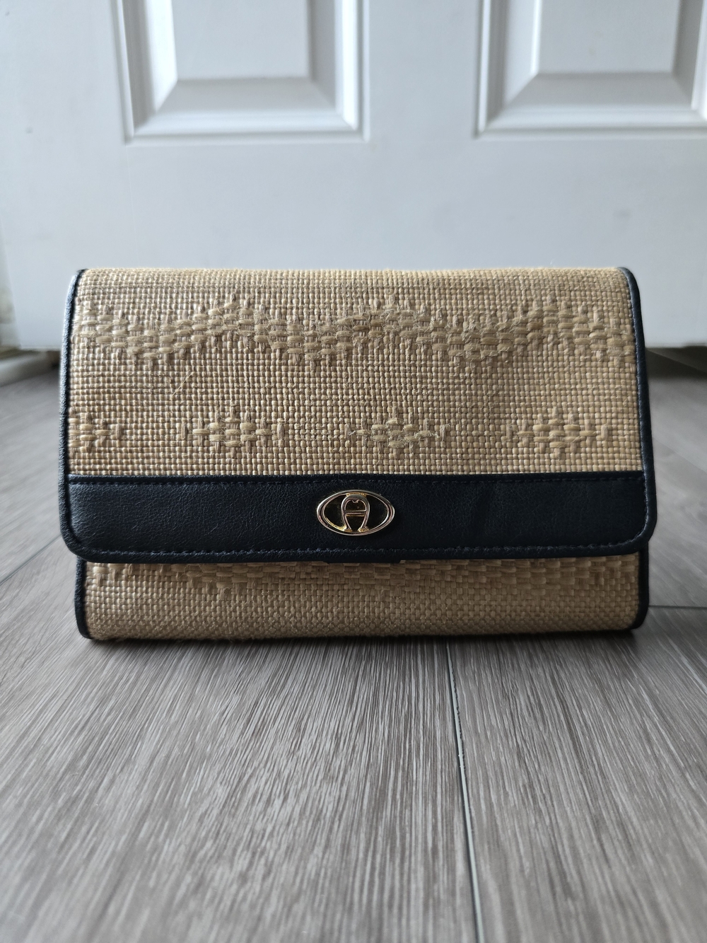 Etienne Aigner Vintage Woven Raffia Straw Black Leather Trifold Wallet Clutch